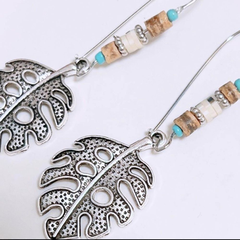 Turquoise Feather Dangle Drop Aesthetic Beads Boho Vintage Feather Leaf Earrings - Picture 3 of 5